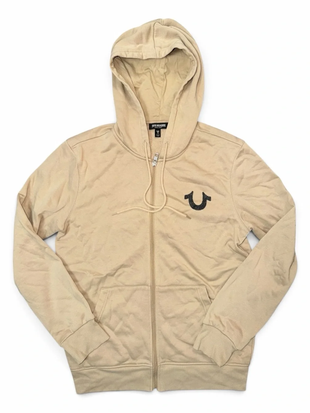 True Religion Beige Hoodie with Black & White Back Logo